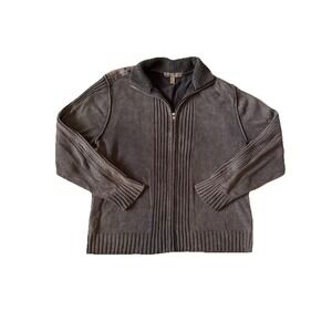 BKE Buckle Full Zip Sweater Men's Large Crew Neck Brown Ribbed 100% Cotton Brown